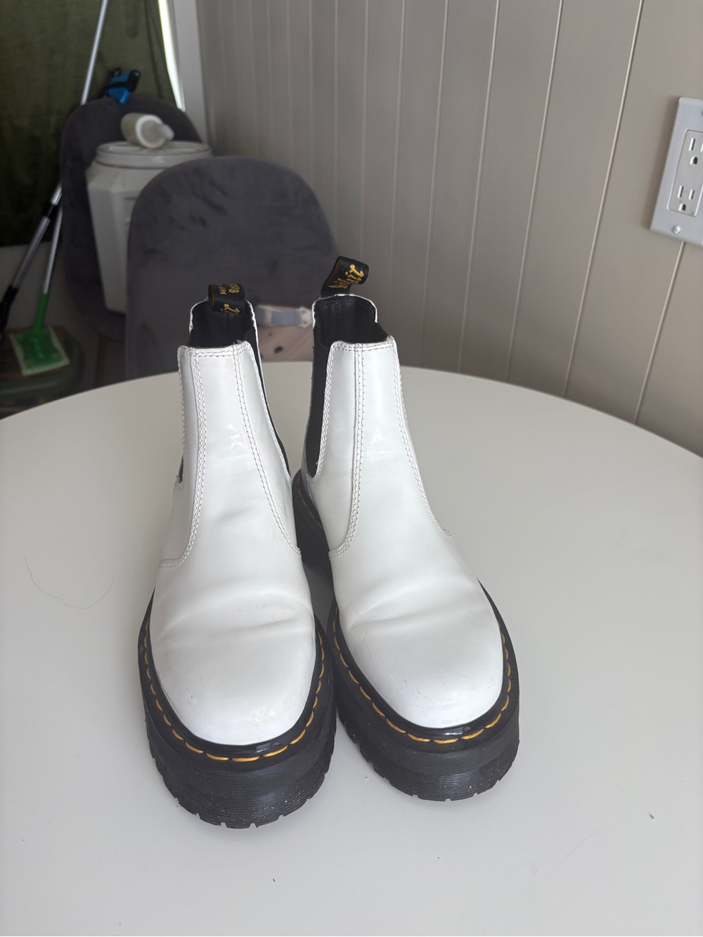 Dr. Martens White Leather Chelsea Boots with Black Lug Sole